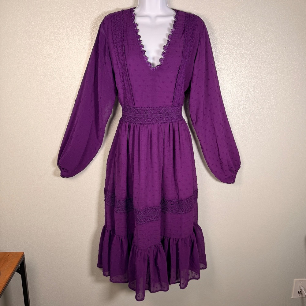 Koko + Mason Swiss Dot V-Neck Midi Dress Deep Purple Lace Trim Medium NWT